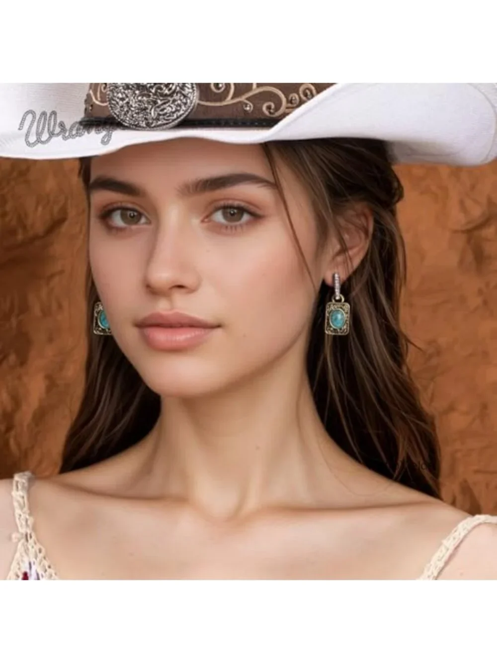 Western Square Drop Hoop Earrings for Women 14k Gold Plated Turquoise Cowgirl